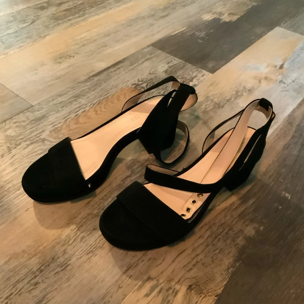 Coach Black Suede Ankle-Strap Block Heel Sandals with Gold Buckle Size 9